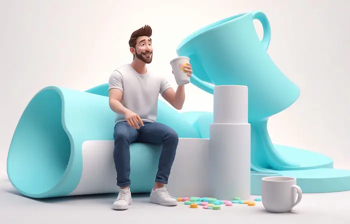 Man Drinking Coffee 3D Cartoon Design Illustration